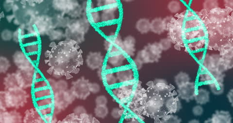 DNA Strands and Virus Cells Illustration Against a Black Background
