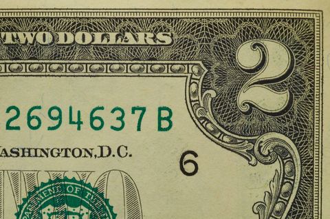 Close-Up of United States Two Dollar Bill Showing Detail and Serial Number