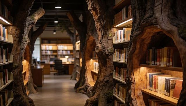 Cozy tree-trunk library aisle featuring carved timber arches and warm shelf lighting