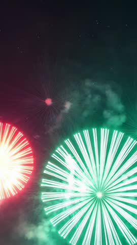Vertical fireworks display lighting night sky with green chrysanthemum and magenta bursts