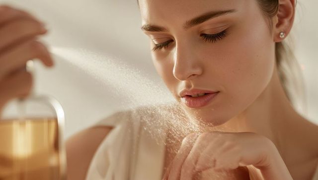 Spraying perfume on wrist closeup, soft-robed woman enjoying fragrance in warm light