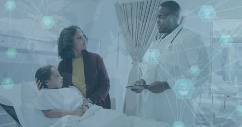 Doctor with Young Patient and Parent in Digital Healthcare Landscape