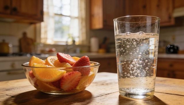Sunlit breakfast bowl of orange wedges and strawberry halves with sparkling glass