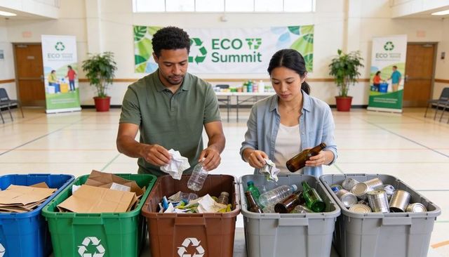 Community volunteers sorting recycling at eco summit recycling stations for sustainability