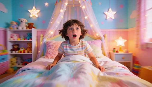 Young Boy Sitting in Starry Canopy Bedroom Gazing Up in Surprise Amid Pastel Lights