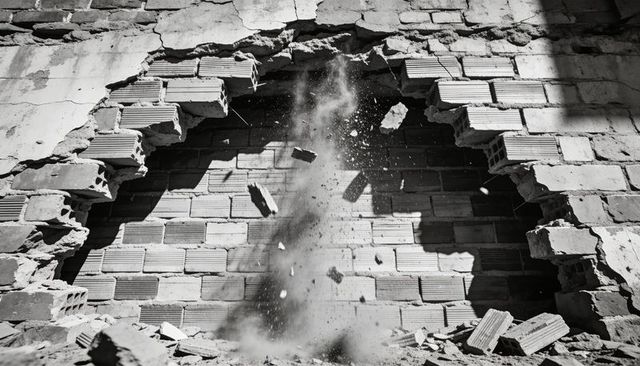 Collapsed masonry wall breaking open, bricks flying and dust plume rising in demolition