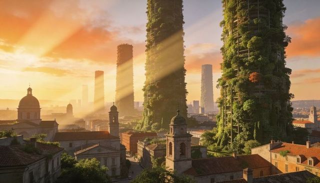Golden hour vertical forest towers transforming historic mediterranean cityscape with domed church