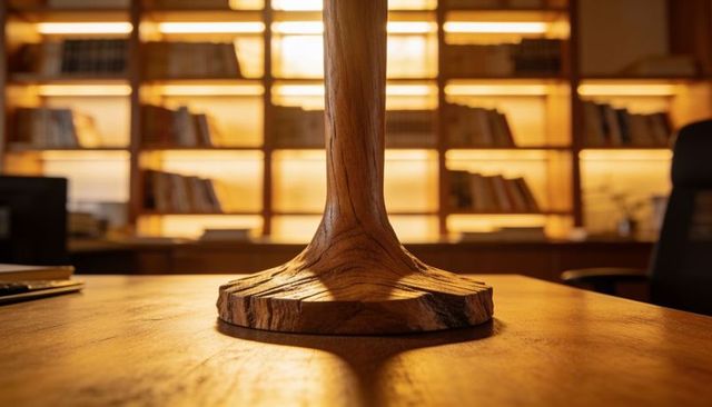 Handcrafted wooden lamp base resting on desk in warm backlit study with bookshelf