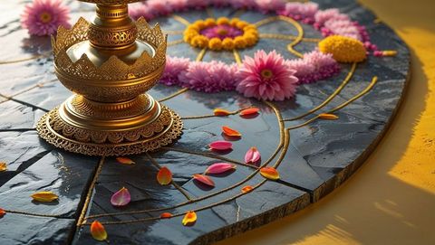 Ceremonial golden vessel on ornate altar with floral decorations, vishu festival