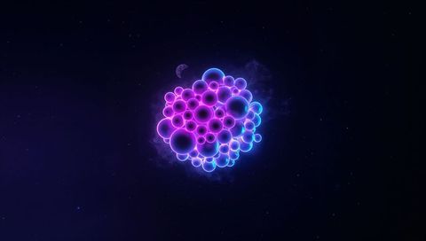 Glowing neon sphere cluster floating in space with nebula halo and crescent moon