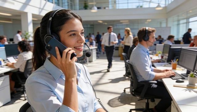 Asian call center agent talking on phone wearing headset in modern open-plan office