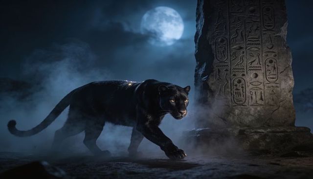 Moonlit black panther stalking through misty ancient ruin beside carved stone monolith