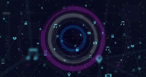 Futuristic Circular HUD Network Interface with Cybersecurity, Wireless and Media Icons