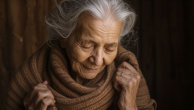 Elderly woman holding shawl, contemplative portrait with warm knit texture and soft light