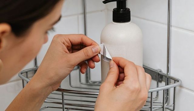 Removing barcode label from matte pump dispenser in shower corner with chrome caddy