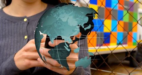 Digital World Connection: Globe Overlay and Colorful Urban Scene