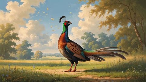 Vibrant male pheasant animal strolling path with colorful plumage
