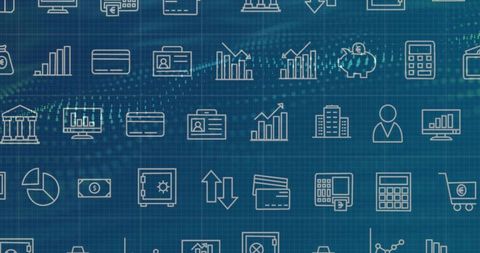 Various Financial and Data Management Icons on Digital Grid Background