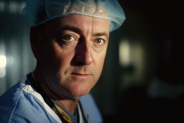 Male surgeon wearing surgical cap and scrubs, looking intensely at camera under dim lighting. Can be used to depict dedication and seriousness in the medical profession, promotional content for healthcare services, or motivational material emphasizing the importance of focus and determination in life-and-death situations.