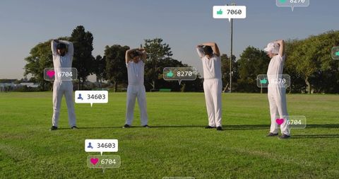 Cricket team stretching before match on sunny field with social media reaction bubbles
