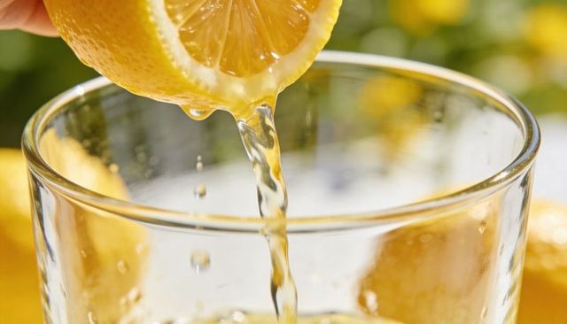 Hand squeezing lemon over glass pouring fresh citrus juice in sunlit garden