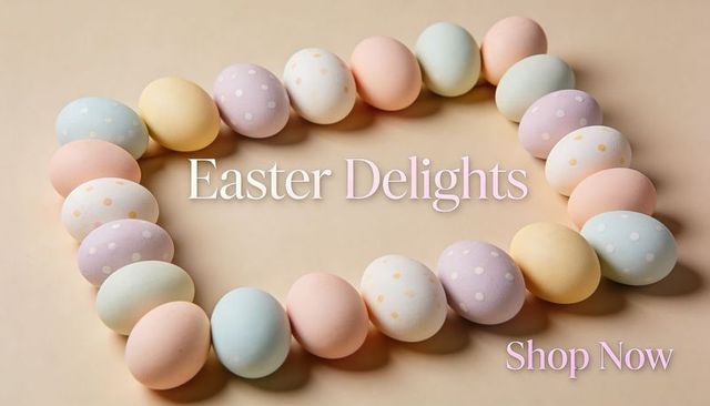 Pastel easter egg wreath forming circle on beige surface with easter delights text