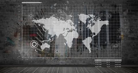 Displaying dotted world map on industrial brick wall with data grid and target markers