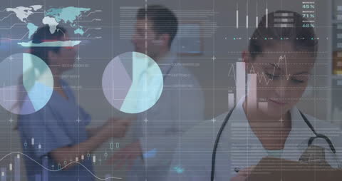 Healthcare Data Analytics Digital Interface with Doctors in Background
