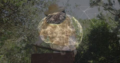 Beekeeper in Garden with Futuristic Brain Overlay