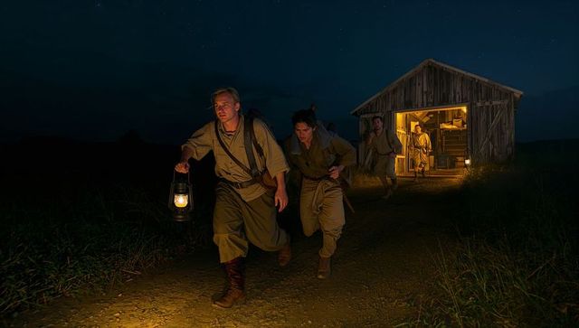 Nighttime escape by lantern light: world war i style soldiers running from barn