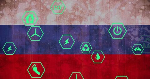 Environmental and Energy Icons Overlayed on Russian Flag