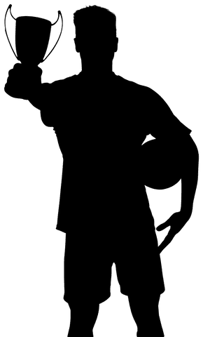silhouette illustration shows male footballer raising cup in victory, reflecting essence of competition and sportsmanship. appealing for designs related to sports events, promotional material for football, or celebratory themes. ideal for use in graphics where showcasing achievement or triumphant moments in sports is the focus.