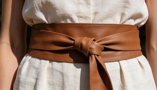 Sunlit linen dress featuring wide cognac leather obi belt tied at waistline with pleated skirt detai