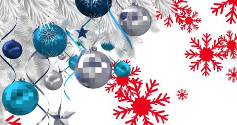 Festive Christmas Baubles and Snowflake Design with White Fir