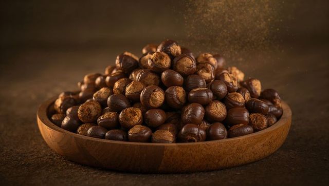 Roasted hazelnut pile in wooden bowl with golden dust and warm rustic lighting