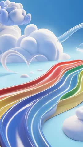 Dreamlike Vertical Video of Rainbow Ribbon Flowing Over Fluffy Clouds and Blue Sky