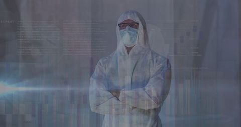 Doctor in ppe suit surrounded by data visualizations