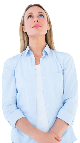 Thoughtful Blonde Woman in Transparent Background Pondering Ideas