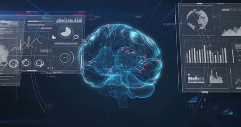 Displaying Holographic Brain with Neural Pathways, Analytics HUD and Futuristic Data Charts