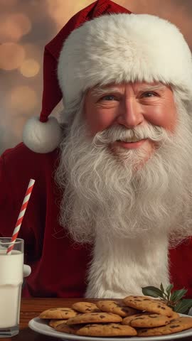 Santa Claus greeting viewers with milk and cookies in cozy vertical holiday video