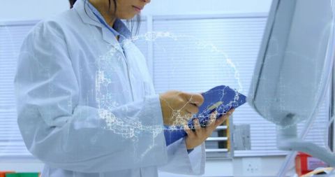 Lab technician writing on clipboard with holographic globe data visualization