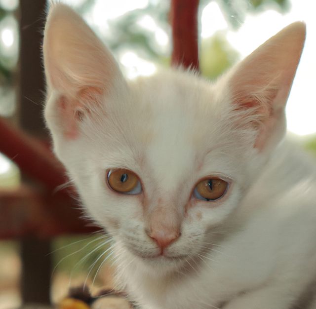 This close-up captures an adorable white kitten with striking orange eyes in an outdoor environment. Ideal for illustrating concepts related to pets, cuteness, and wild or domestic animals. Perfect for use in pet-related content, websites, advertisements, and posters promoting animal health, pet adoption, or pet-care products.