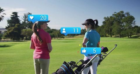 Women Golfers Engaging Outdoors with Social Media Interaction
