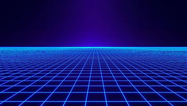 Neon Wireframe Grid Receding to Horizon in Retro Futuristic Synthwave Scene