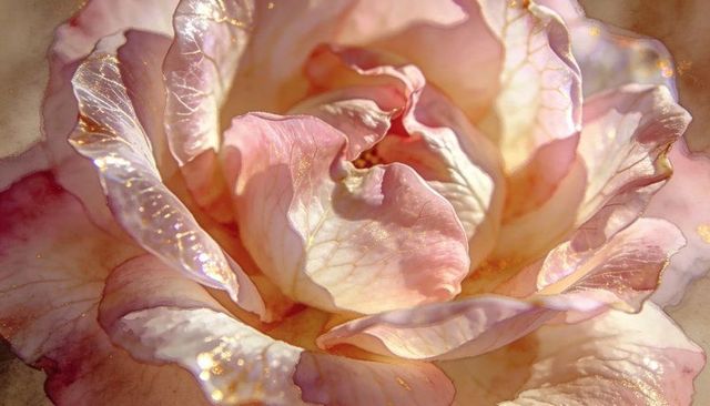 Glowing pale pink rose macro with iridescent gold flecks and delicate cream petals