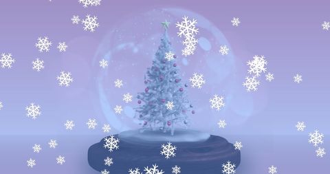 Decorated Christmas Tree in Snow Globe with Falling Snowflakes