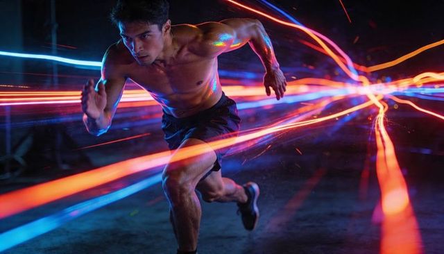 Sprinting athlete charging through neon light trails showing explosive speed and power