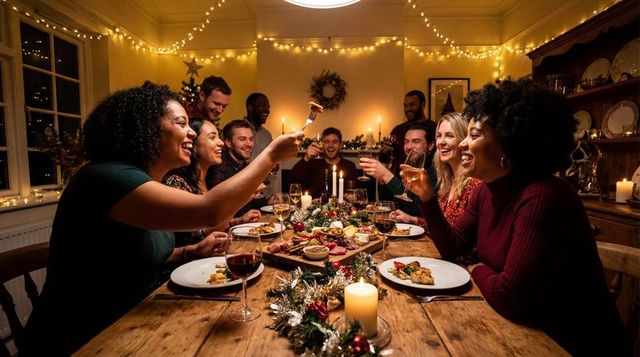 Diverse friends enjoying holiday dinner party, toasting with wine around candlelit table