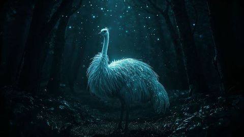 Enchanted bioluminescent bird in mystical nighttime woodland