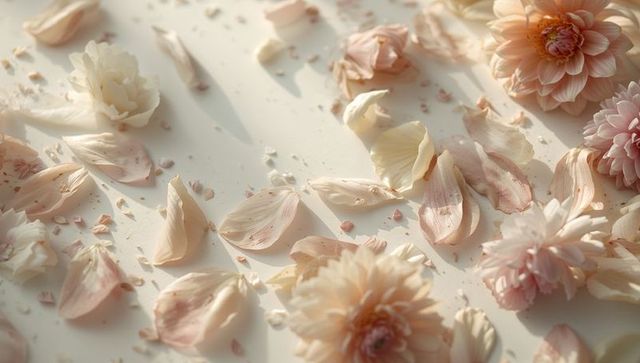 Sunlit blush petal flatlay with scattered dahlias and soft shadows